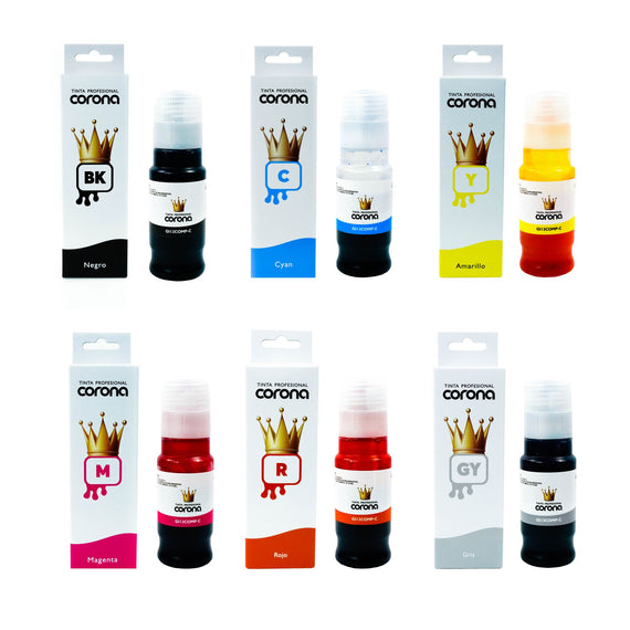 Pack 6 Tintas Corona Compatible con Canon GI13 CMYK, R, GY 60ml