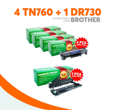 Pack Tóner 4 TN760 y 1 Tambor DR730 Compatible con Brother