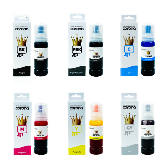Pack 6 Tintas Corona Compatible con Epson 554/555 CYMK, PBK, GY  70ml