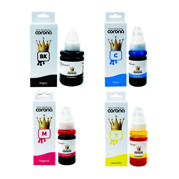 Pack 4 Tinta Corona Compatible Con Canon GI10 CMY 70ml, K 135ml