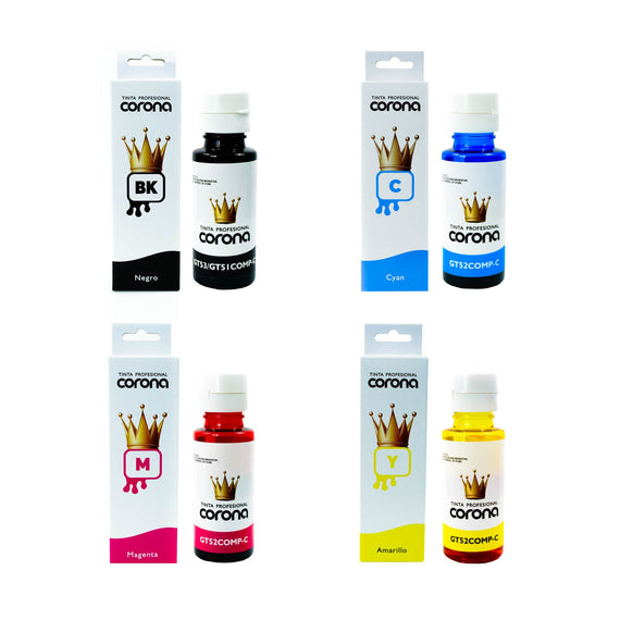 Pack 4 Tinta Corona Compatible Con Hp GT53/GT51/GT52 CMY 70ml, K 90ML