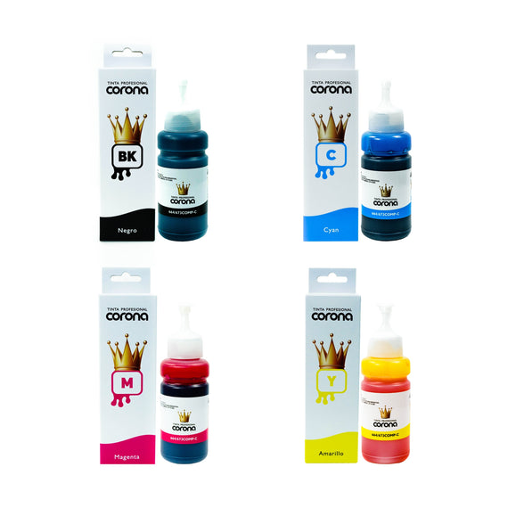 PACK 4 Tinta Corona Universal Compatible Con 664/673/GI190/BTD60/BT6001 CMYK 100ml