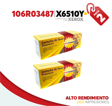 2 Pza Tóner X6510Y Alto Rendimiento Compatible con Xerox 106R03487