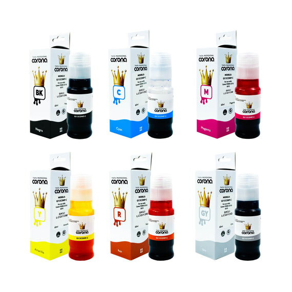 Pack 6 Tintas Corona Compatible con Canon GI13 CMYK, R, GY 60ml