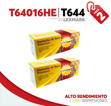 2 Pza Tóner T644 Alto Rendimiento Compatible con Lexmark T64016HE