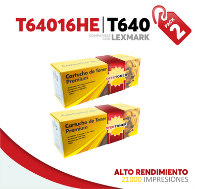 2 Pza Tóner T640 Alto Rendimiento Compatible con Lexmark T64016HE