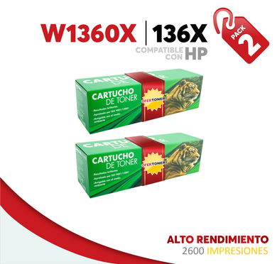 2 Pza Tóner 136X Alto Rendimiento Compatible con HP W1360X