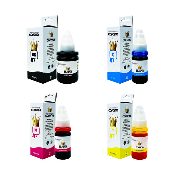 Pack 4 Tinta Corona Compatible Con Canon GI10 CMY 70ml, K 135ml