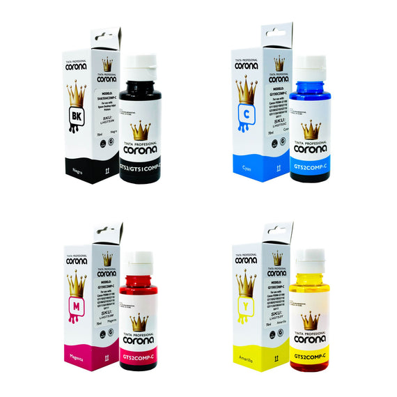 Pack 4 Tinta Corona Compatible Con Hp GT53/GT51/GT52 CMY 70ml, K 90ML