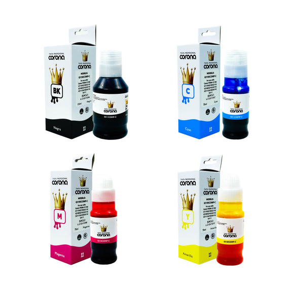 Pack 4 Tinta Corona Compatible Con Canon GI11 CMY 70ml, K 135ml