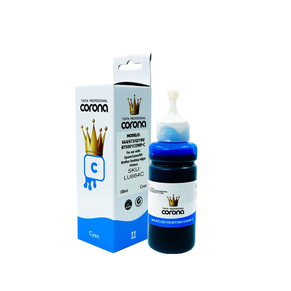 Tinta Corona Universal Compatible Con 664/673/GI190/BTD60/BT6001 Cian 100ml