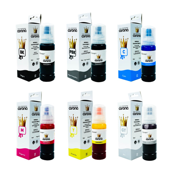 Pack 6 Tintas Corona Compatible con Epson 554/555 CYMK, PBK, GY  70ml