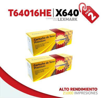 2 Pza Tóner X640 Alto Rendimiento Compatible con Lexmark T64016HE