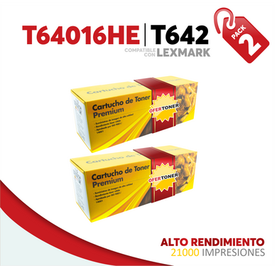 2 Pza Tóner T642 Alto Rendimiento Compatible con Lexmark T64016HE