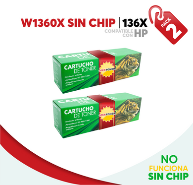 2 Pza Tóner 136X Alto Rendimiento Sin Chip Compatible con HP W1360X