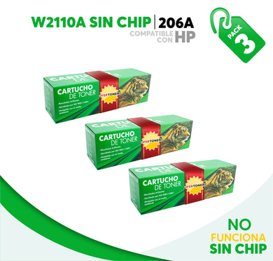 3 Pza Tóner 206A Sin Chip Compatible con HP W2110A