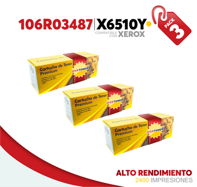 3 Pza Tóner X6510Y Alto Rendimiento Compatible con Xerox 106R03487