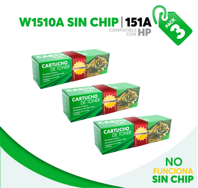 3 Pza Tóner 151A Sin Chip Compatible con HP W1510A