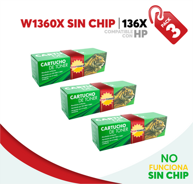 3 Pza Tóner 136X Alto Rendimiento Sin Chip Compatible con HP W1360X