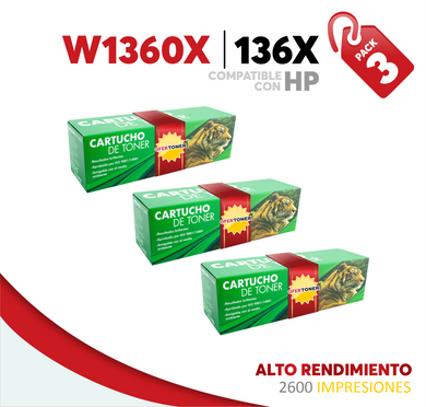 3 Pza Tóner 136X Alto Rendimiento Compatible con HP W1360X