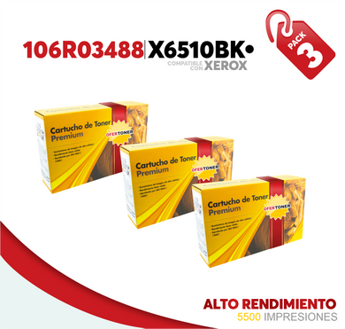 3 Pza Tóner X6510BK Alto Rendimiento Compatible con Xerox 106R03488