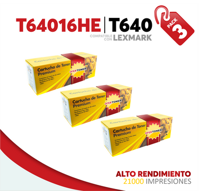 3 Pza Tóner T640 Alto Rendimiento Compatible con Lexmark T64016HE