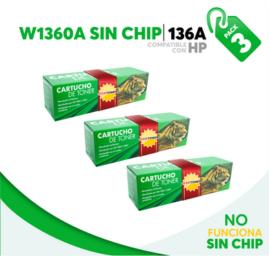 3 Pza Tóner 136A Sin Chip Compatible con HP W1360A