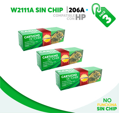 3 Pza Tóner 206A Sin Chip Compatible con HP W2111A