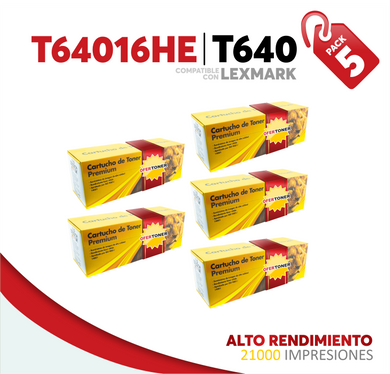 5 Pza Tóner T640 Alto Rendimiento Compatible con Lexmark T64016HE