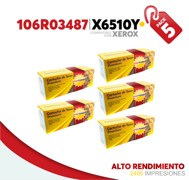 5 Pza Tóner X6510Y Alto Rendimiento Compatible con Xerox 106R03487