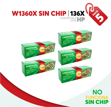 5 Pza Tóner 136X Alto Rendimiento Sin Chip Compatible con HP W1360X